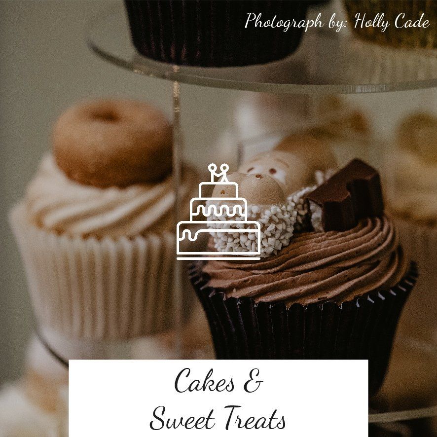Cupcakes on a tiered stand, some topped with donuts and chocolate. Text: Cakes & Sweet Treats.