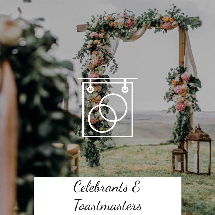Floral wedding arch with lanterns; Celebrants & Toastmasters text.