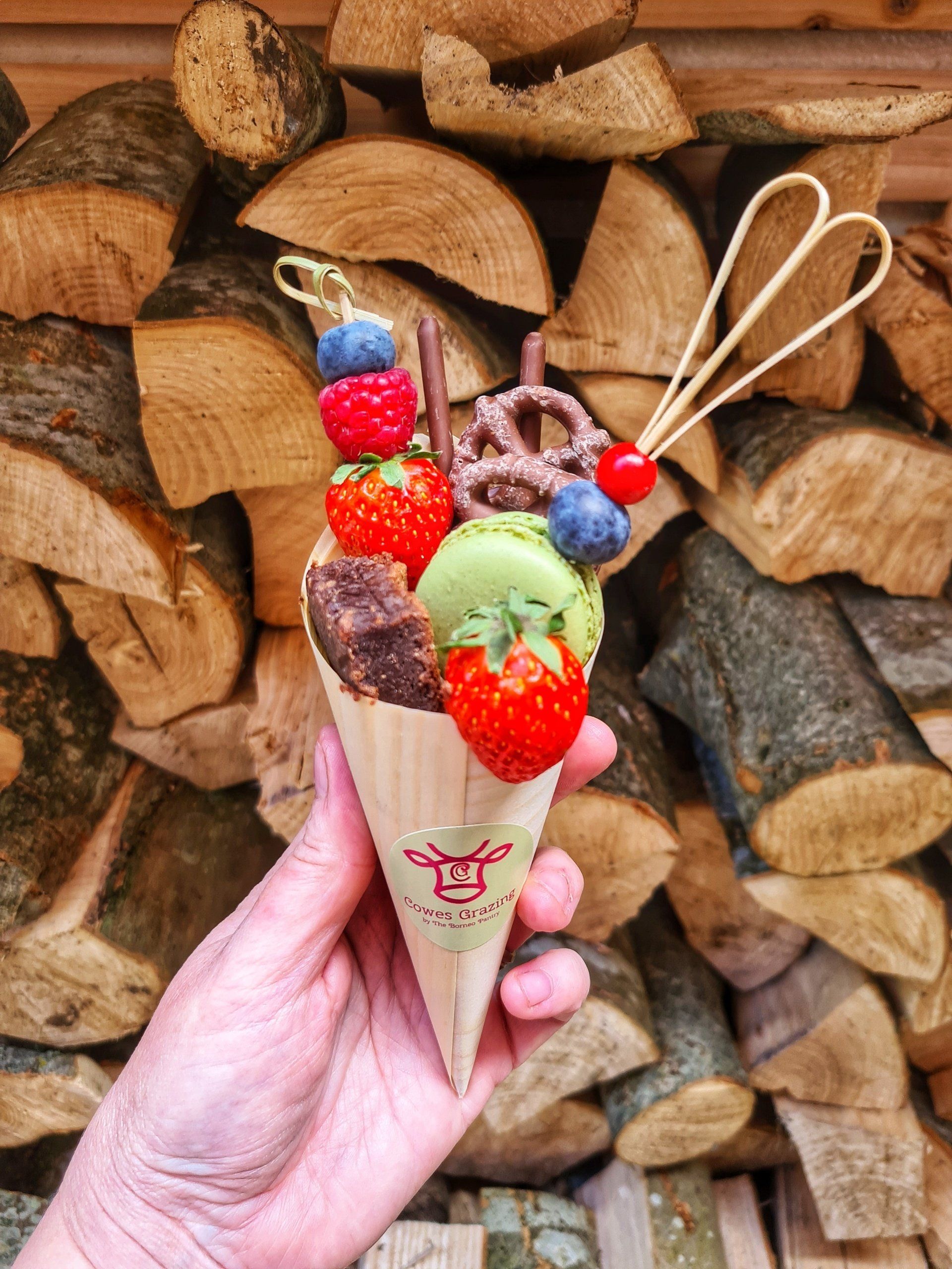 Hand holding an ice cream cone with fruit, pretzels, and a wooden skewer against a woodpile backdrop.