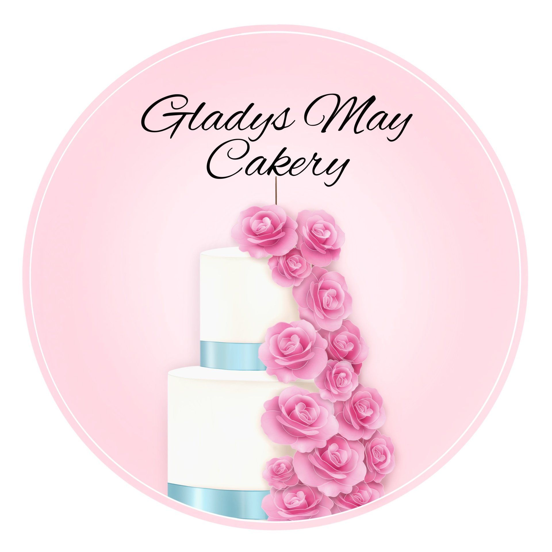 Pink circular logo: cake with pink roses,