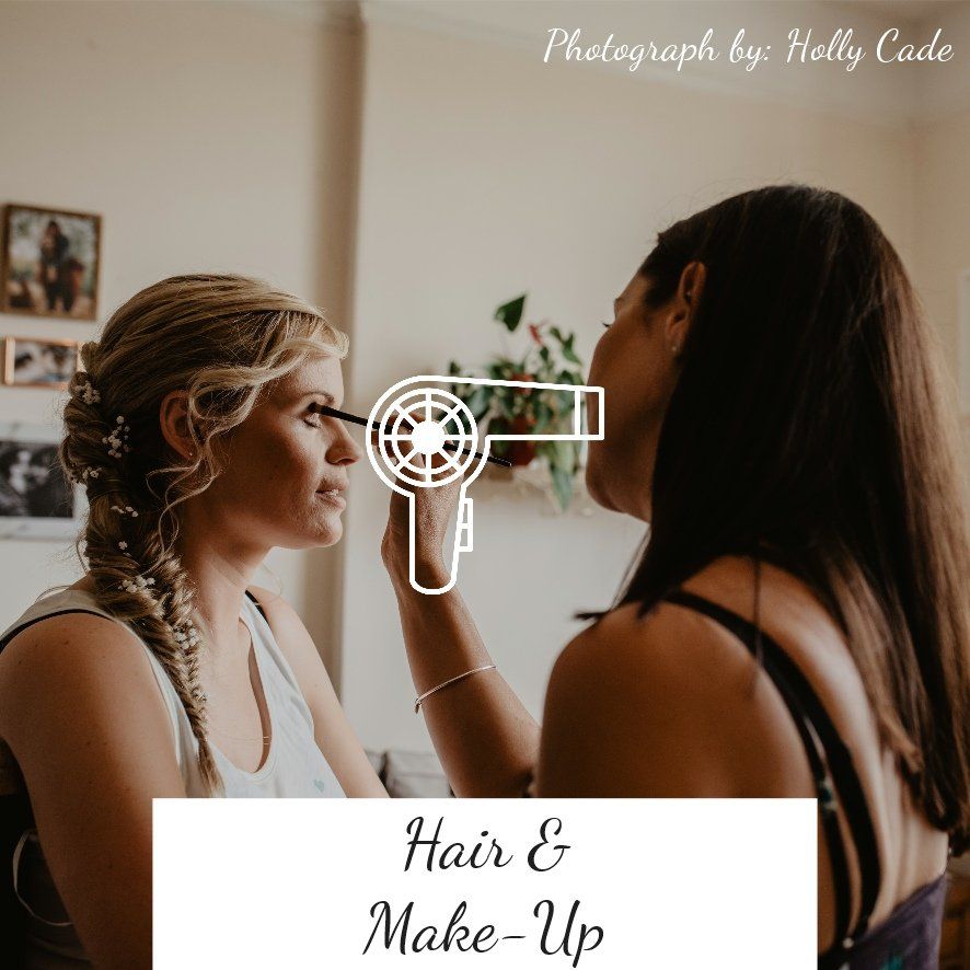 Woman having makeup applied with an outline of a hair dryer in front; hair & makeup service.