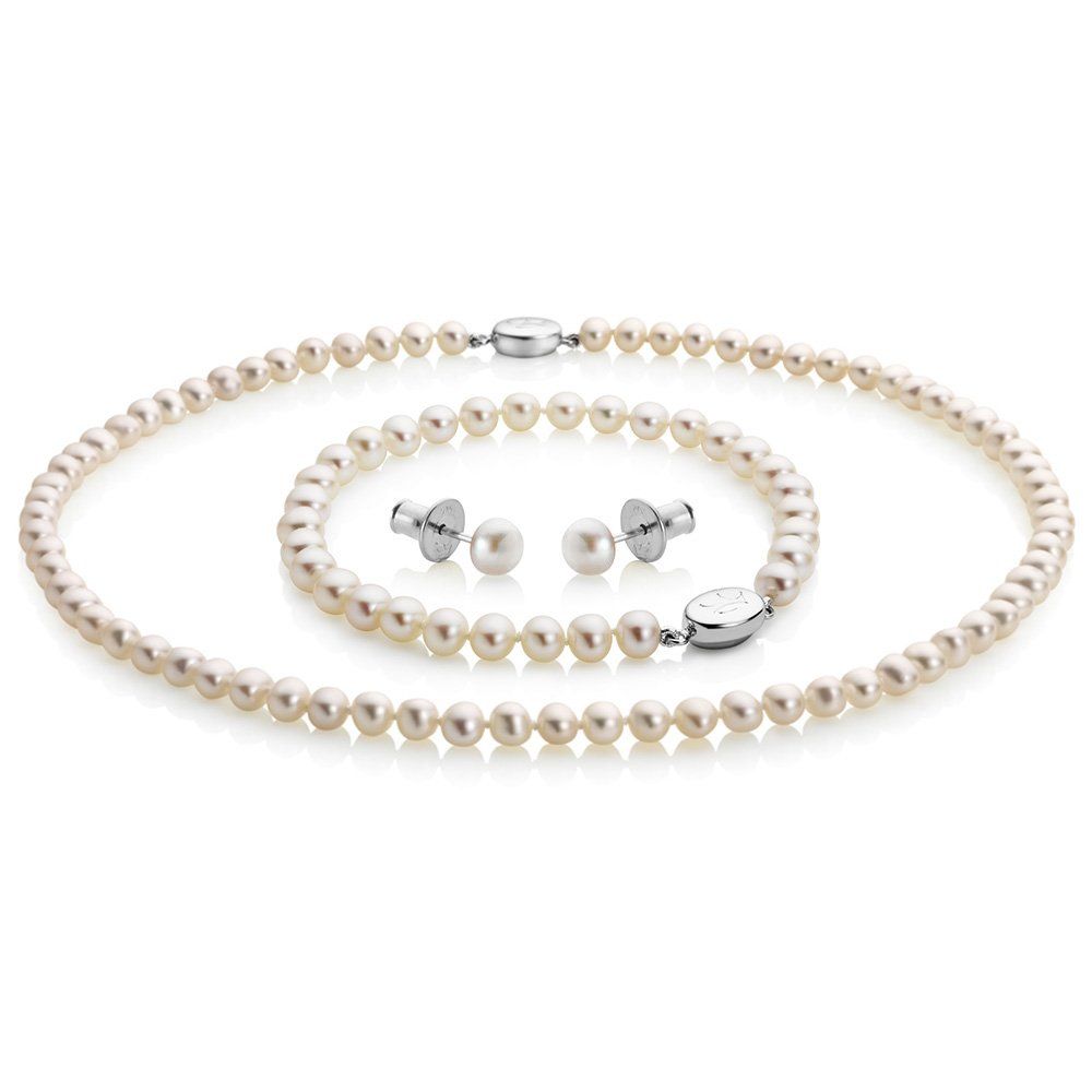 Pearl necklace, bracelet, and stud earrings set with silver clasps, on white.