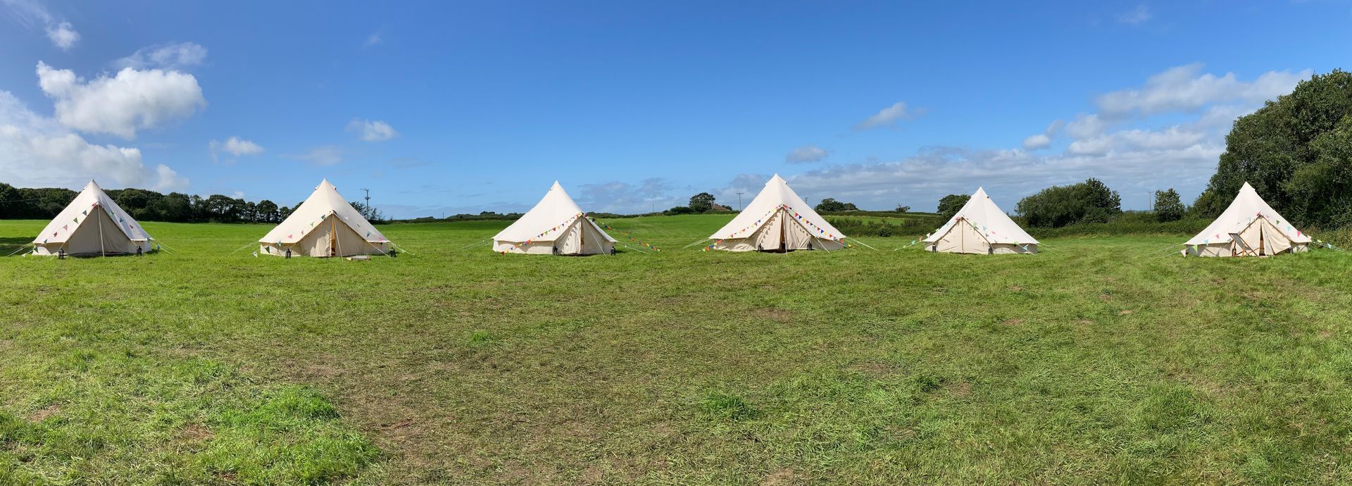 Six white bell tents on a green grassy field under a blue sky.