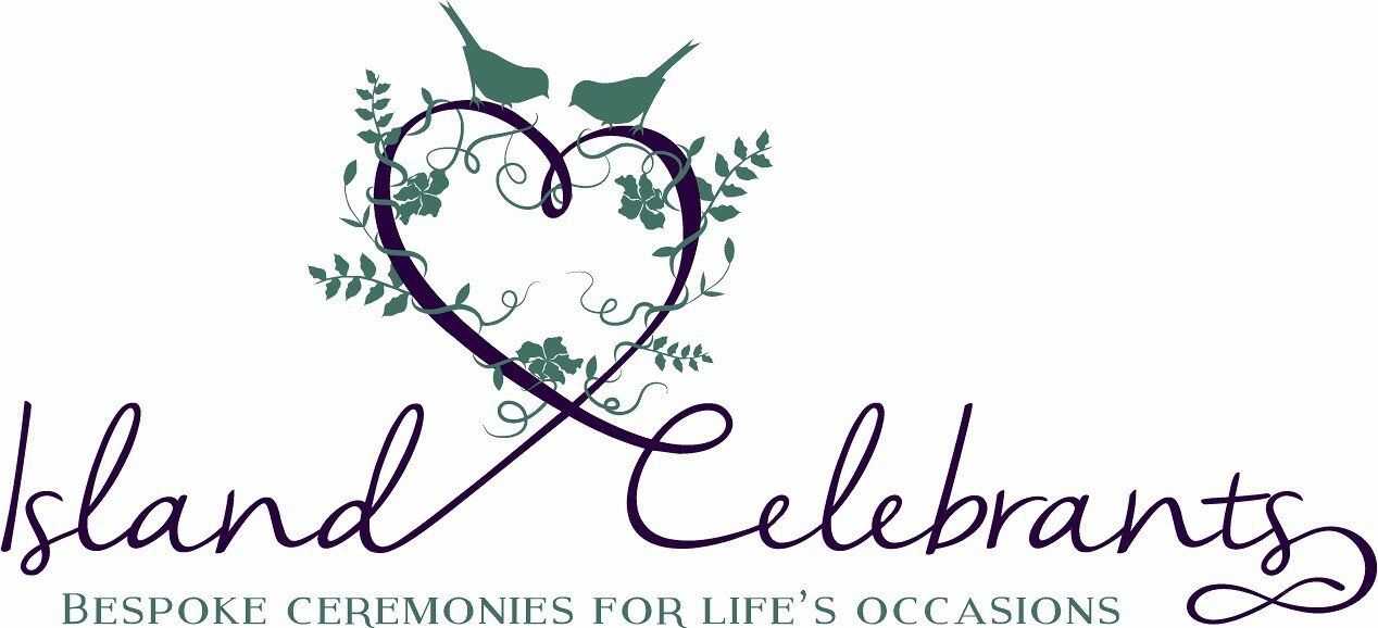 Logo for Island Celebrants with a heart-shaped vine design, two birds, and text