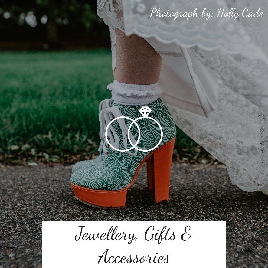 Bride's teal and orange heeled boots with lace dress, on a path. Jewelry, Gifts & Accessories text.