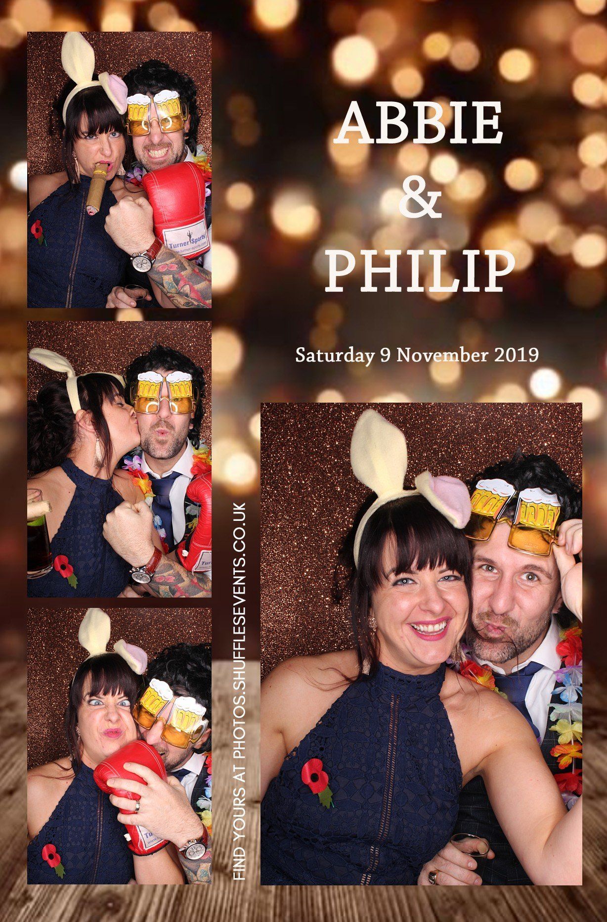 Photo booth strip: Abbie & Philip. Couple with bunny ears & beer-themed glasses, in front of a sparkly backdrop.