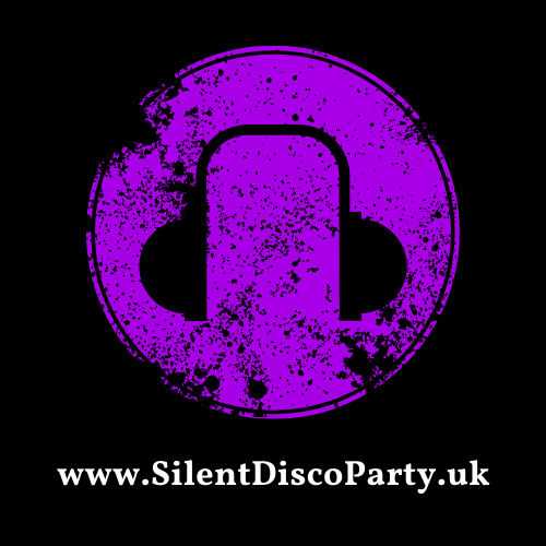 Purple distressed circle with headphone silhouette; website address: SilentDiscoParty.uk on black background.