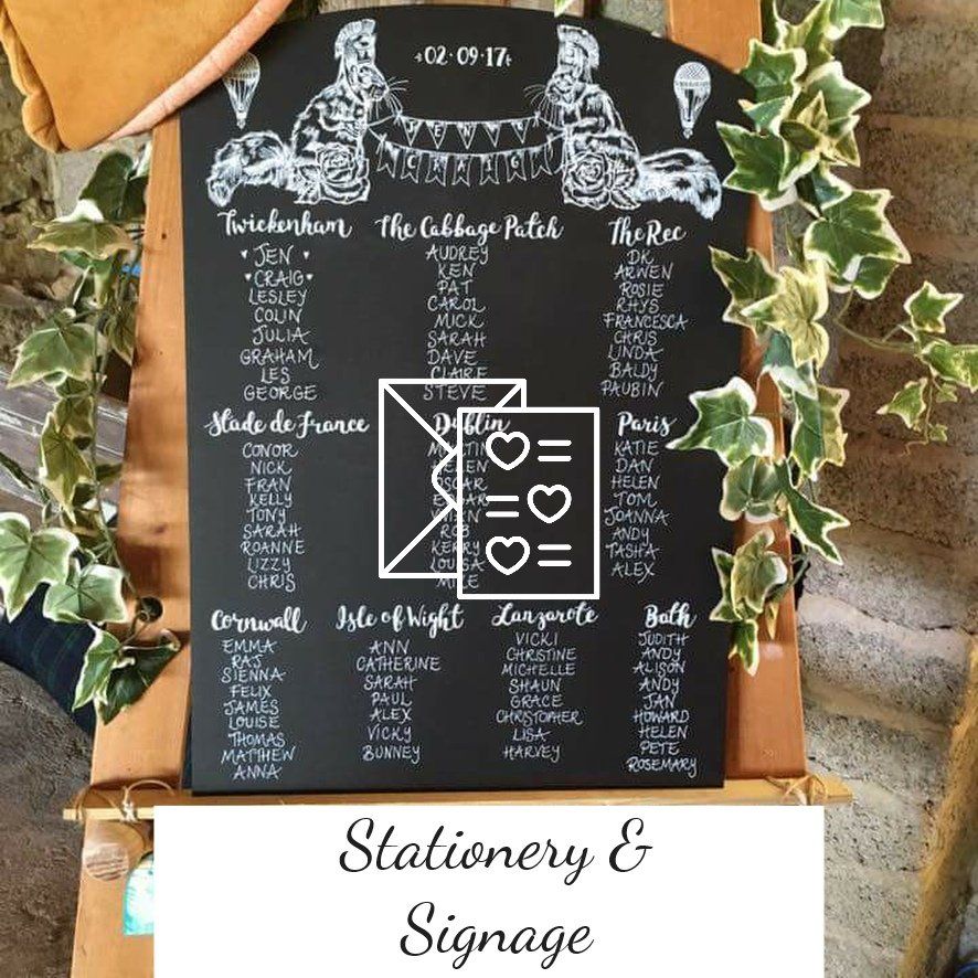 Wedding seating chart on a chalkboard with guest names, regions, and date, decorated with ivy.