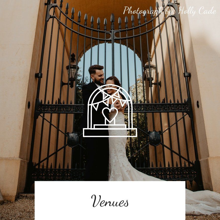 Couple embraces in front of ornate iron gate. Venue advertisement with an icon and