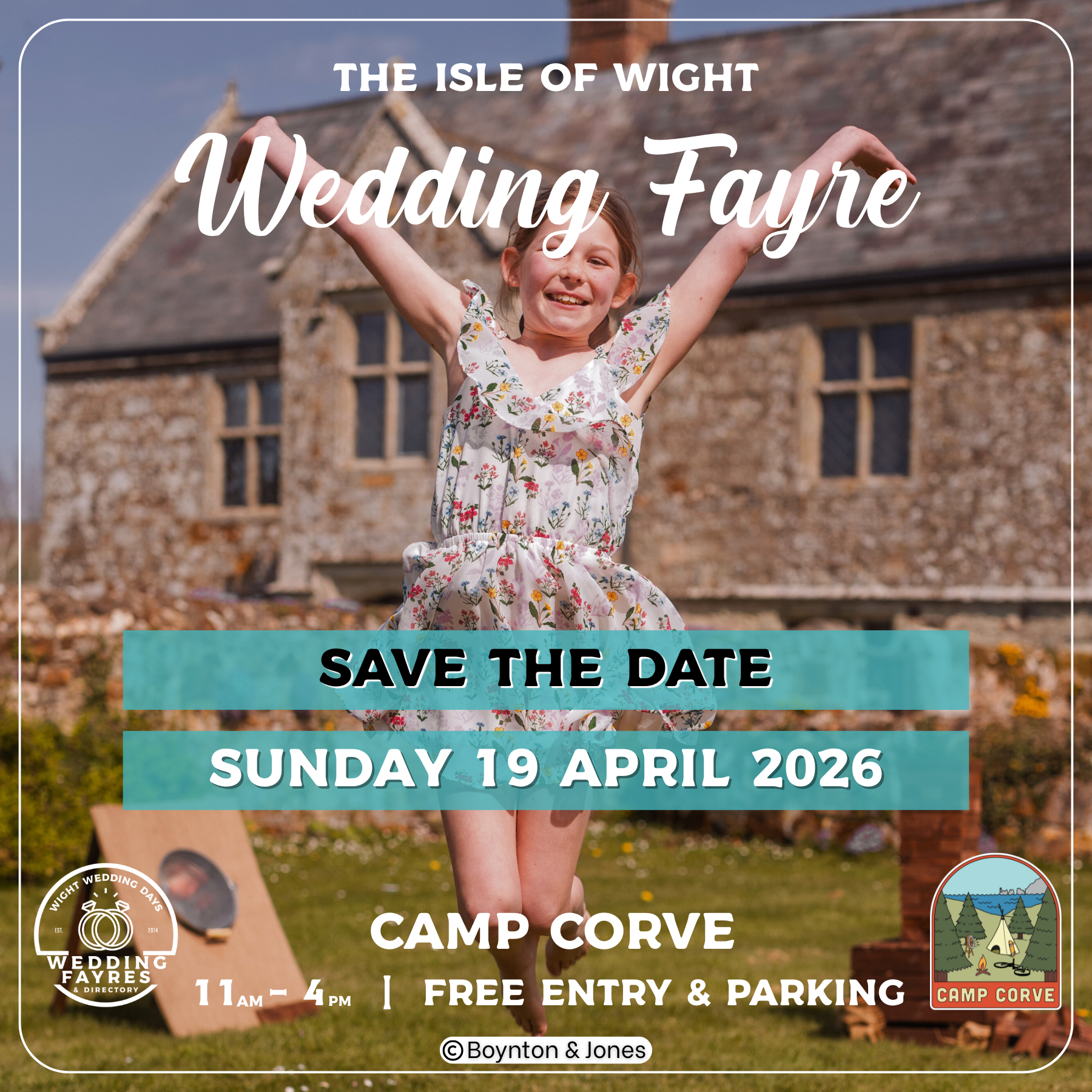 Wedding Fayre announcement: Girl with arms up, in front of Camp Corve building, save-the-date text. April 19, 2026.