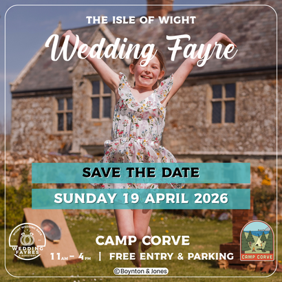 Wedding Fayre announcement: Girl with arms up, in front of Camp Corve building, save-the-date text. April 19, 2026.