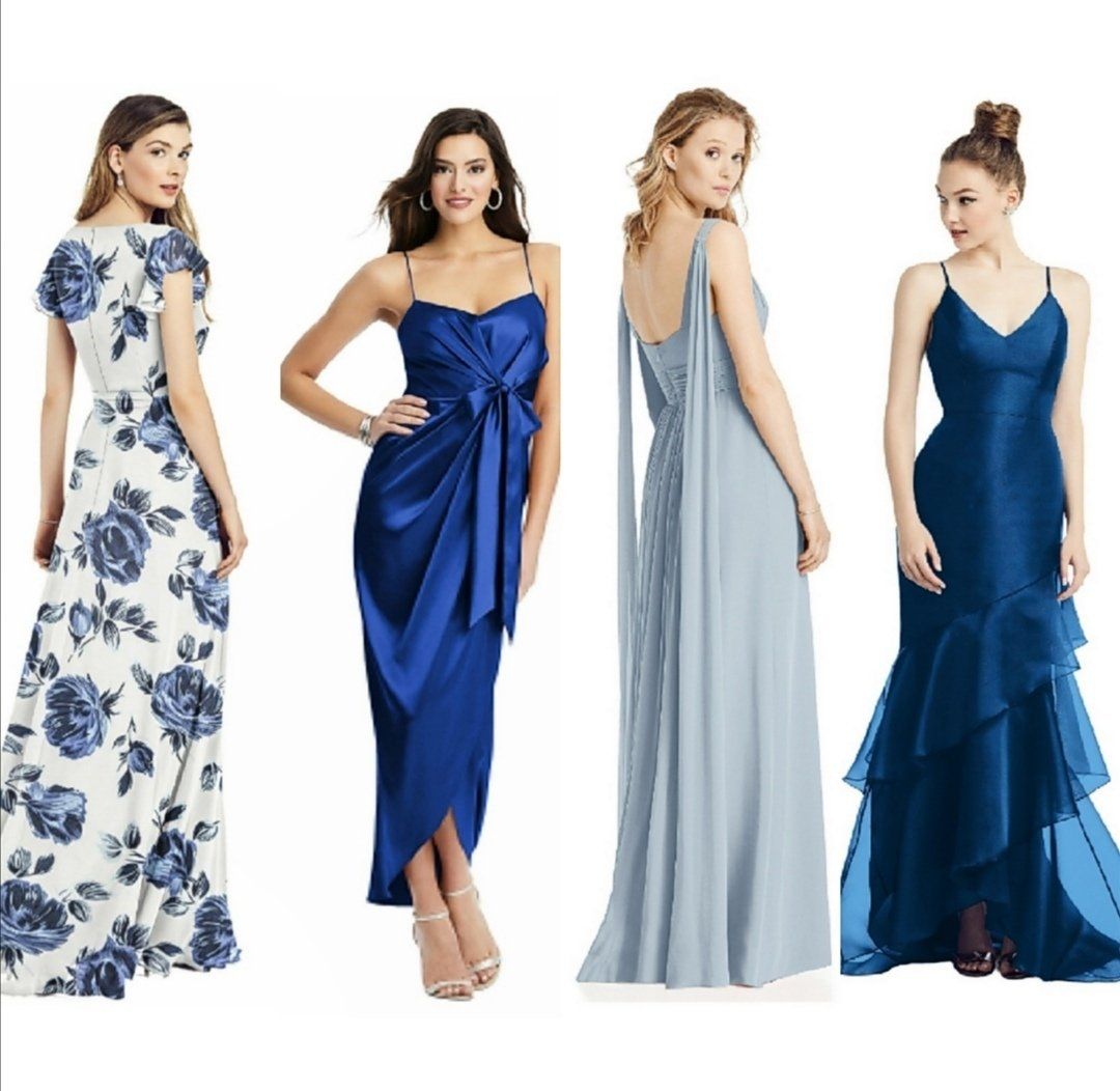 Four elegant gowns in blue and white, suitable for special occasions.