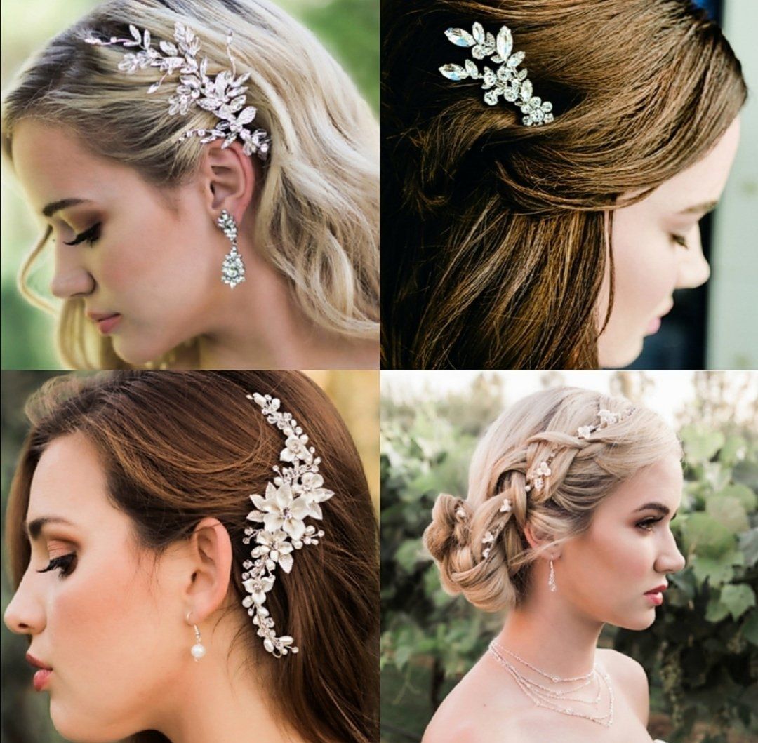 Four women with wedding hairstyles adorned with jeweled hair accessories.
