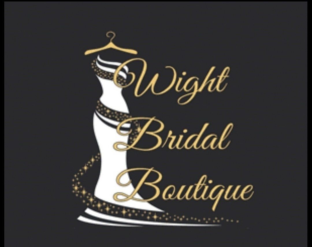 Logo for Wight Bridal Boutique: white dress outline, gold hanger, cursive text on black background.