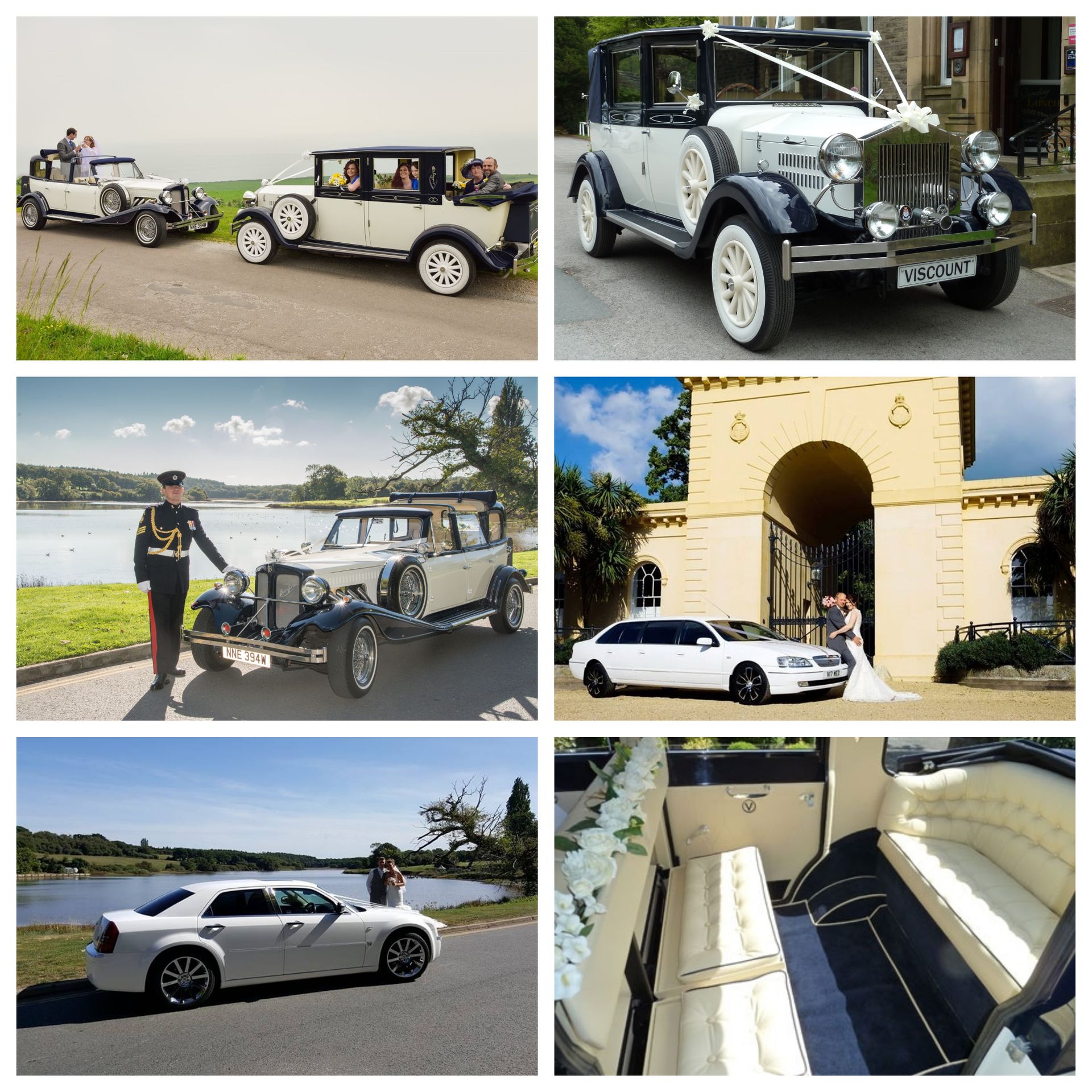 Collage of wedding cars: vintage cream cars, white modern car, bride/groom, indoor car interior.