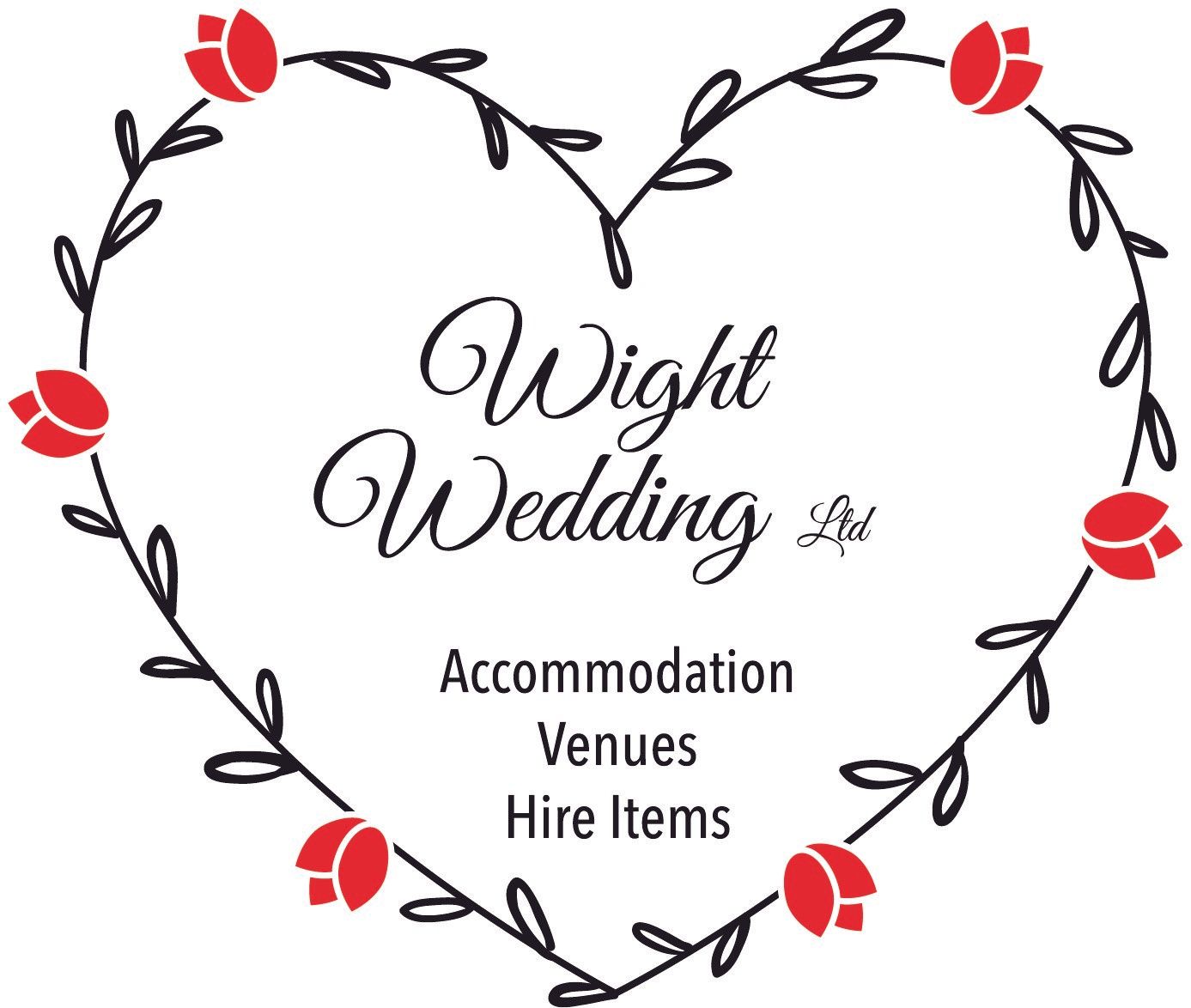 Wight Wedding Ltd logo: Heart-shaped floral frame with red roses and text: Accommodation, Venues, Hire Items.