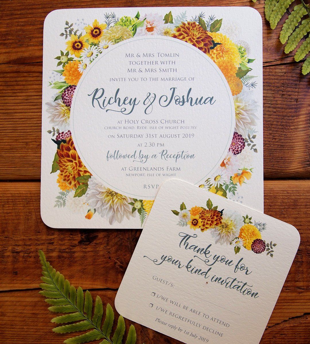 Wedding invitation with floral design, names