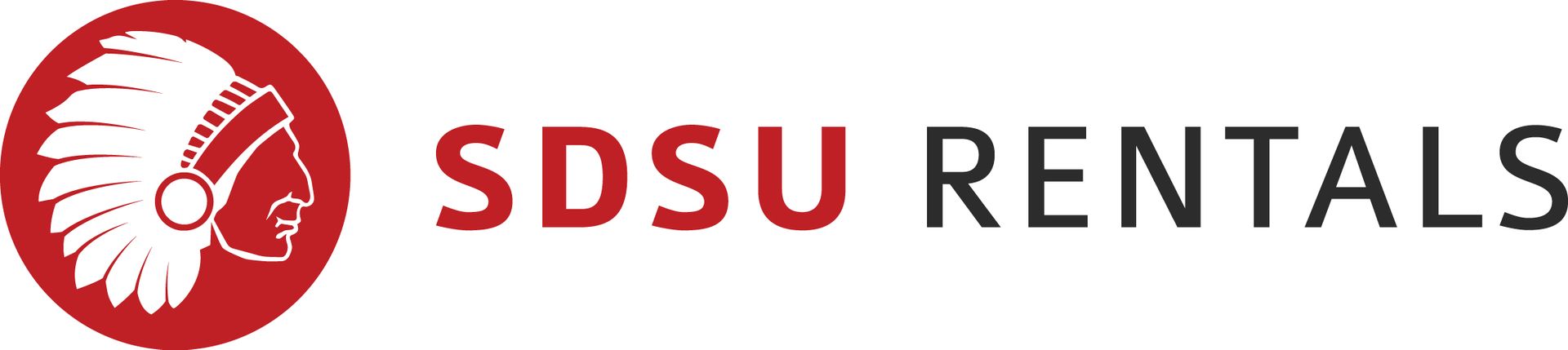 Logo: Red circle with Native American headdress graphic, "SDSU RENTALS" text.
