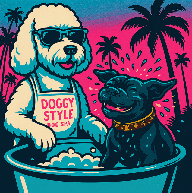 Dog wearing sunglasses washes another dog in a tub; palm tree and ocean in background.