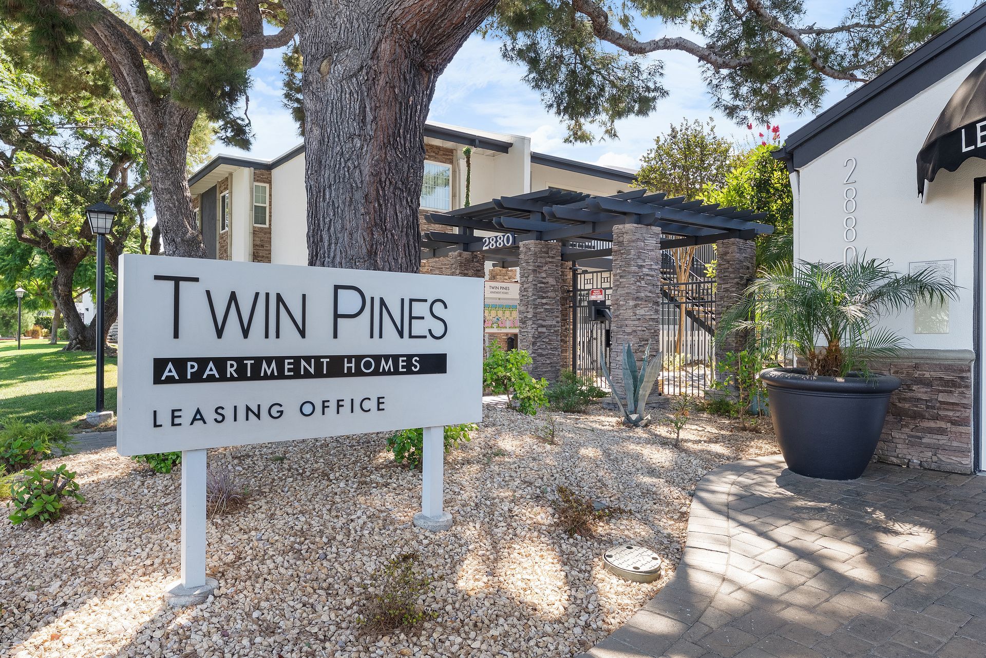 Twin Pines sign with entry gate