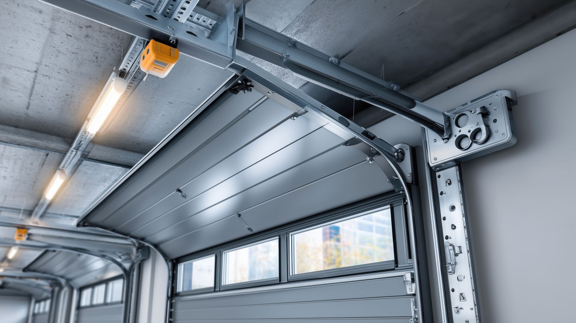 Interior view of a garage with an open overhead door, showing metal tracks and lighting fixtures.