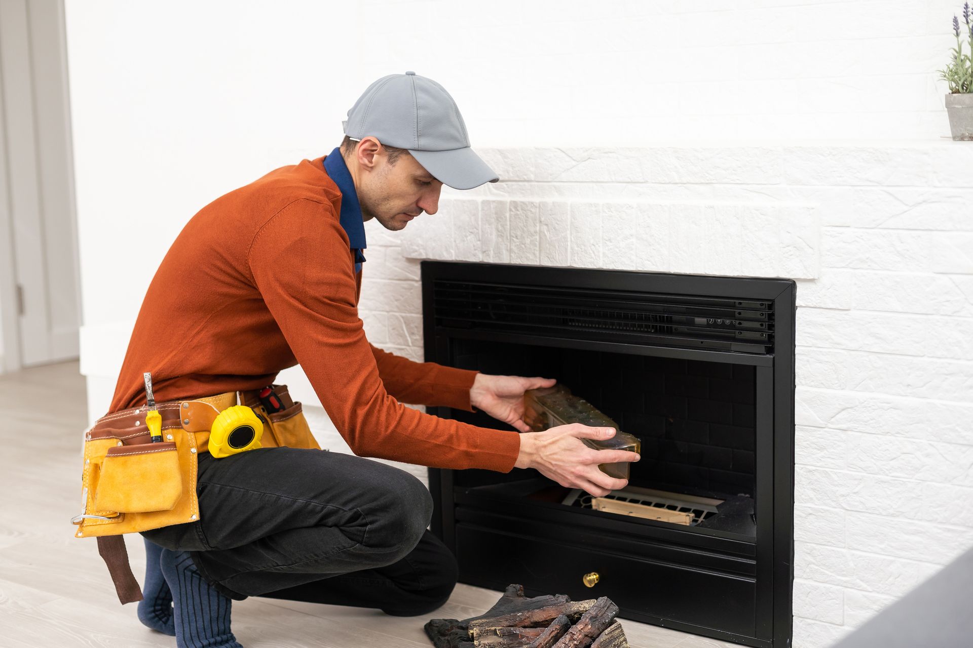 Man in cap, orange sweater and tool belt, placing a log in a fireplace. White brick surround.