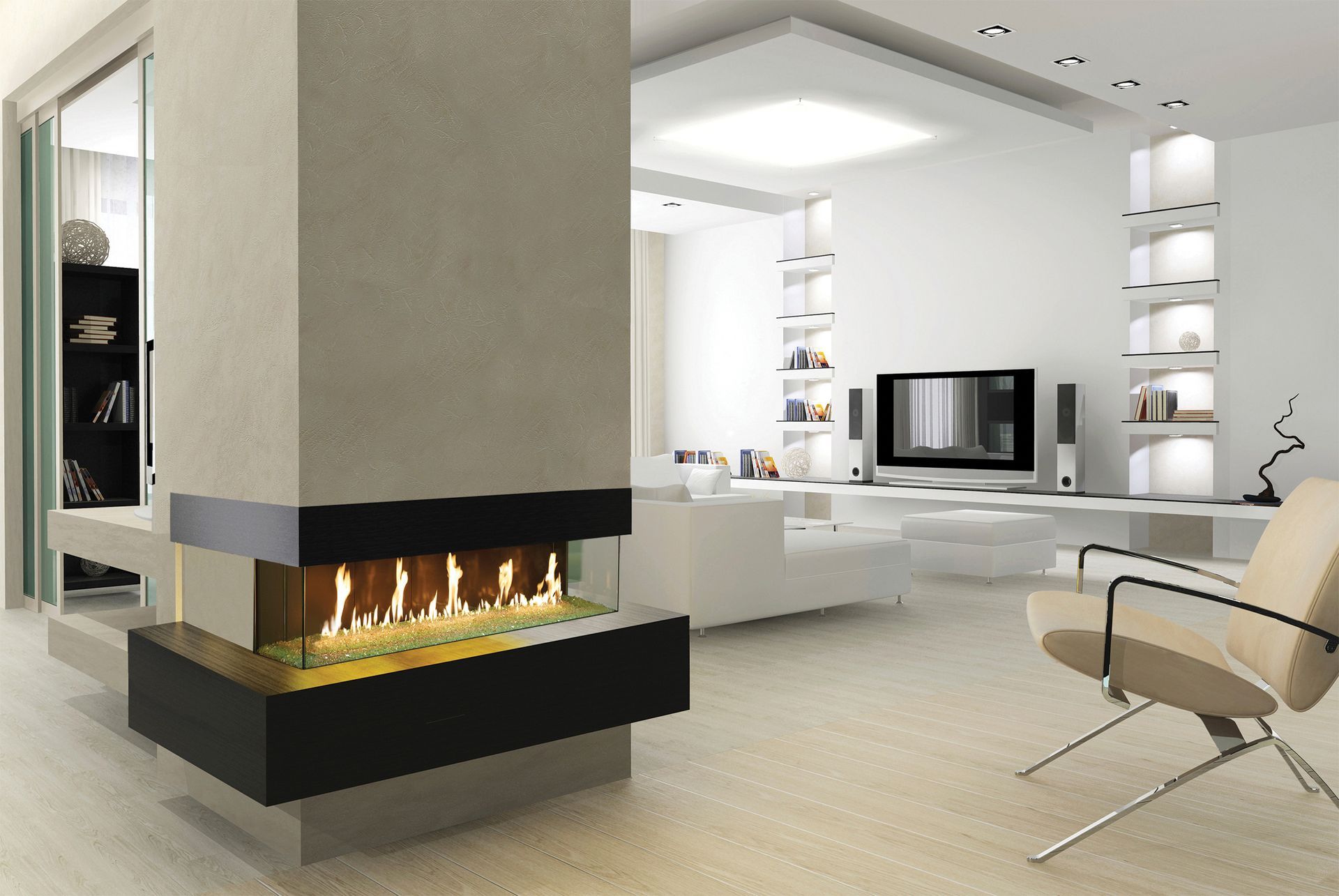 Modern living room with fireplace, white walls, wood floor, and minimalist furniture. Modern living room with fireplace, white walls, wood floor, and minimalist furniture.