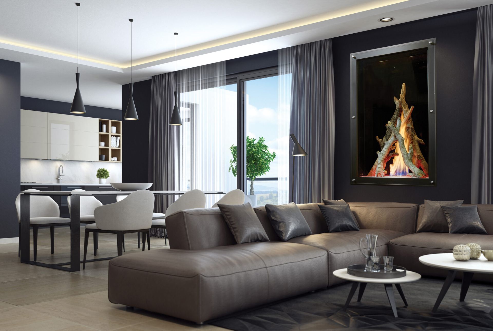Modern living room with kitchen, a sofa, and a framed art piece of a fire.
