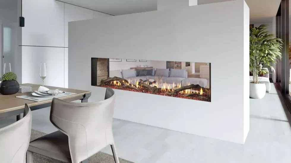 Modern open-concept living space with a long, horizontal fireplace built into a white wall.