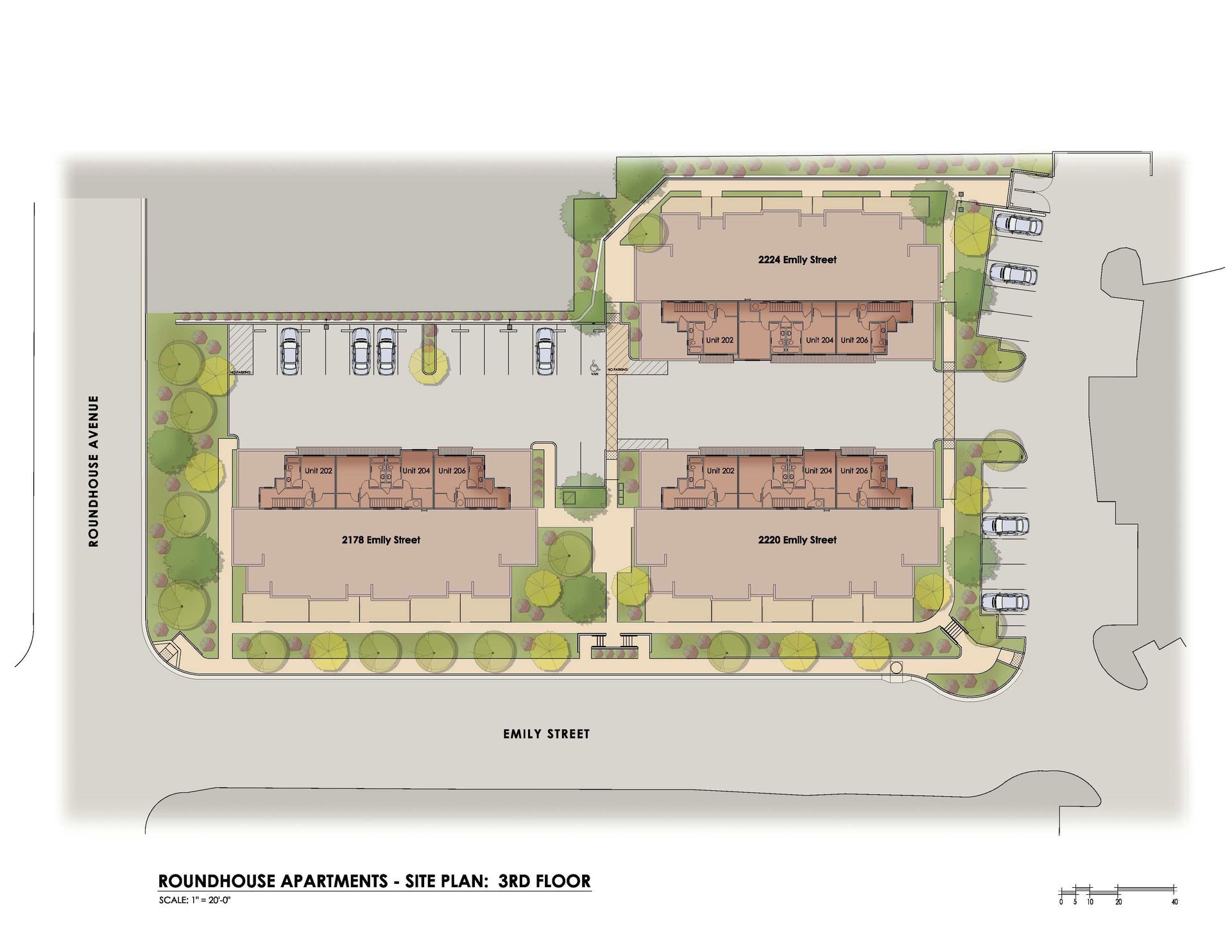 A drawing of a residential area with a lot of buildings
