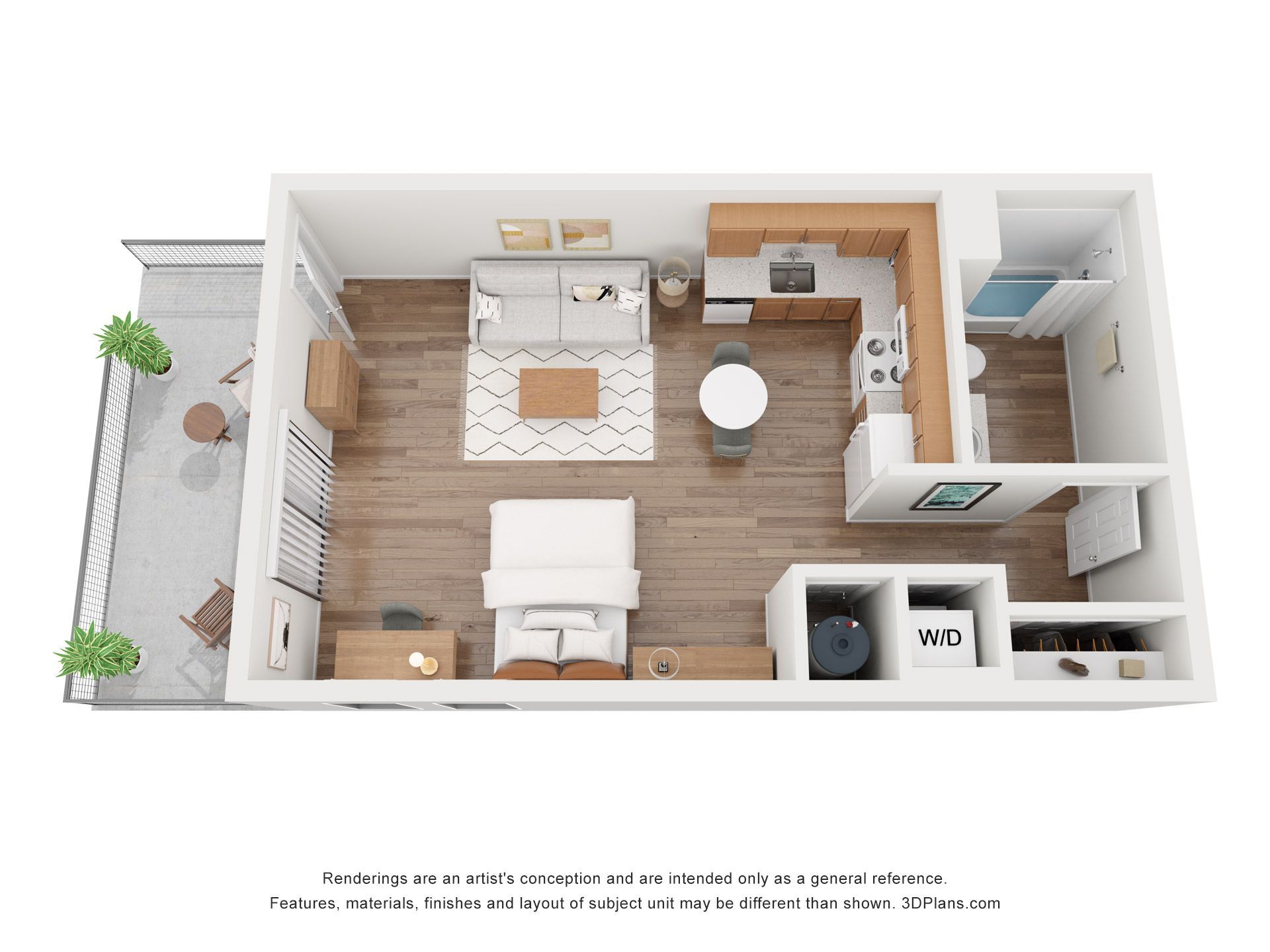 A 3d floor plan of a small apartment with a balcony.