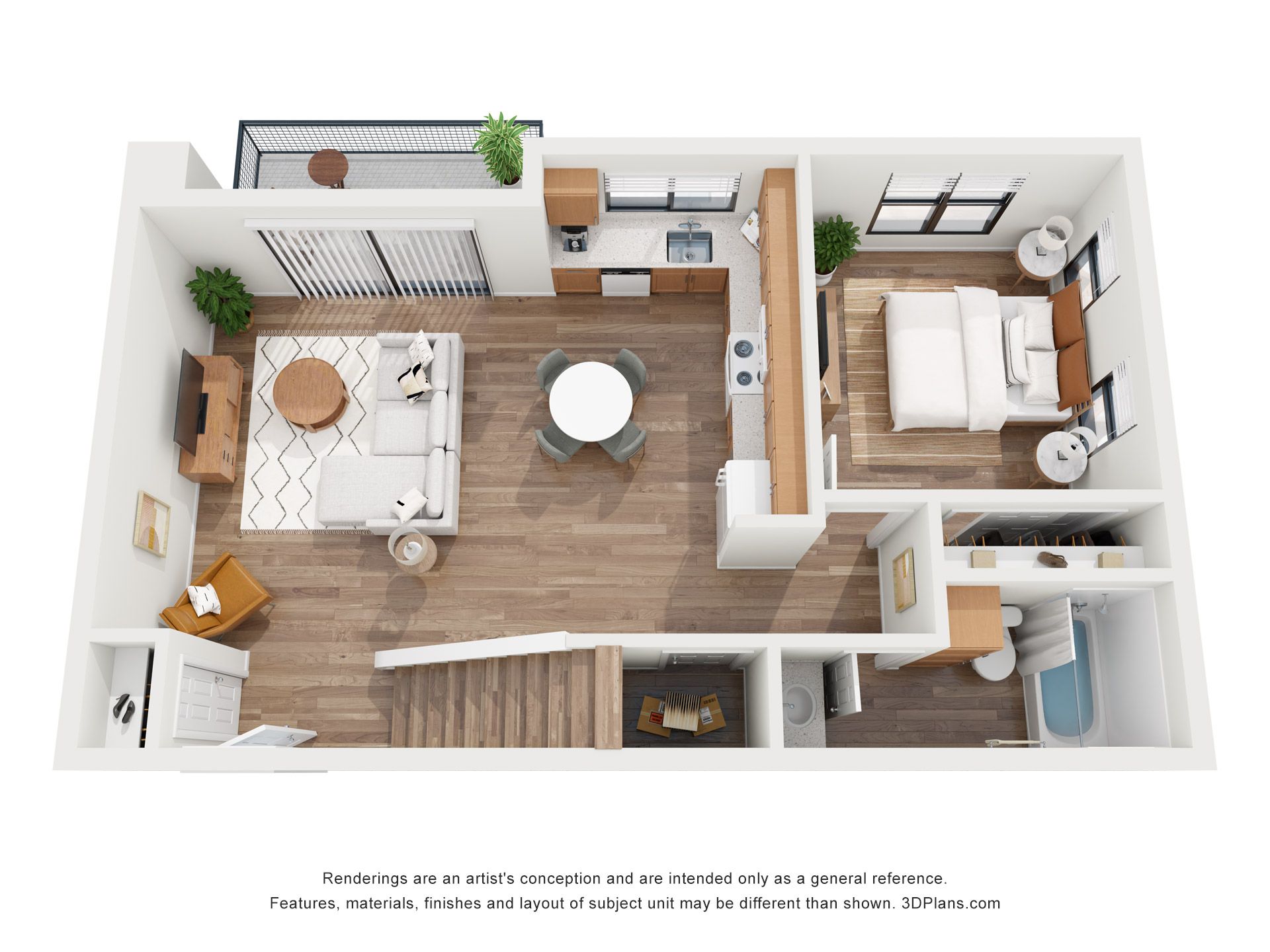 A 3d floor plan of a house with a bedroom , living room , dining room , and kitchen.