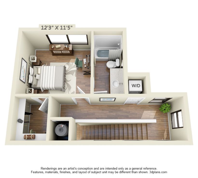 A 3d floor plan of a house with a bedroom , bathroom , and stairs.