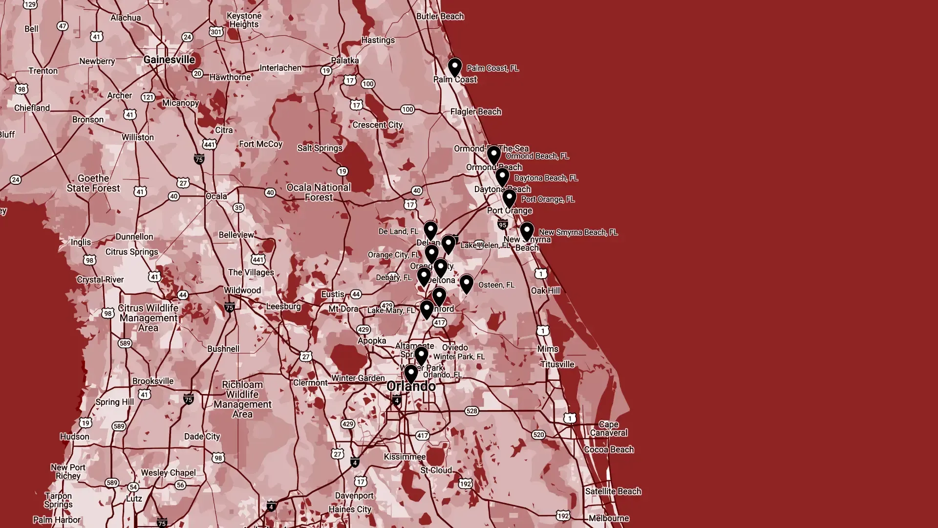 Map of Florida with multiple black pin markers, likely indicating locations, set against a reddish-brown gradient background.
