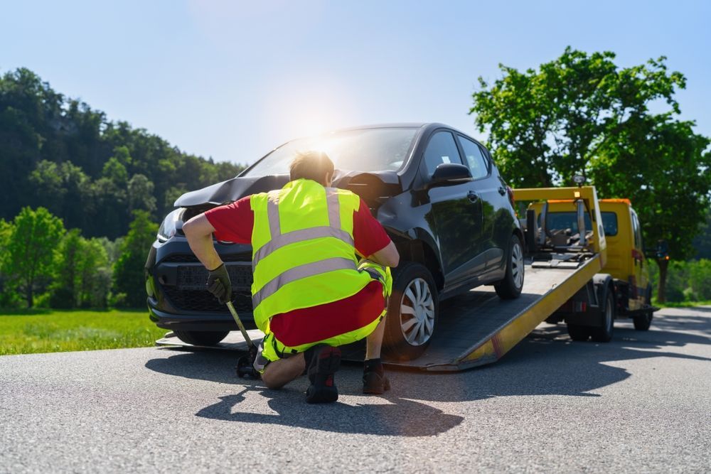 man bends down to make sure car is loading onto flatbed truck correctly