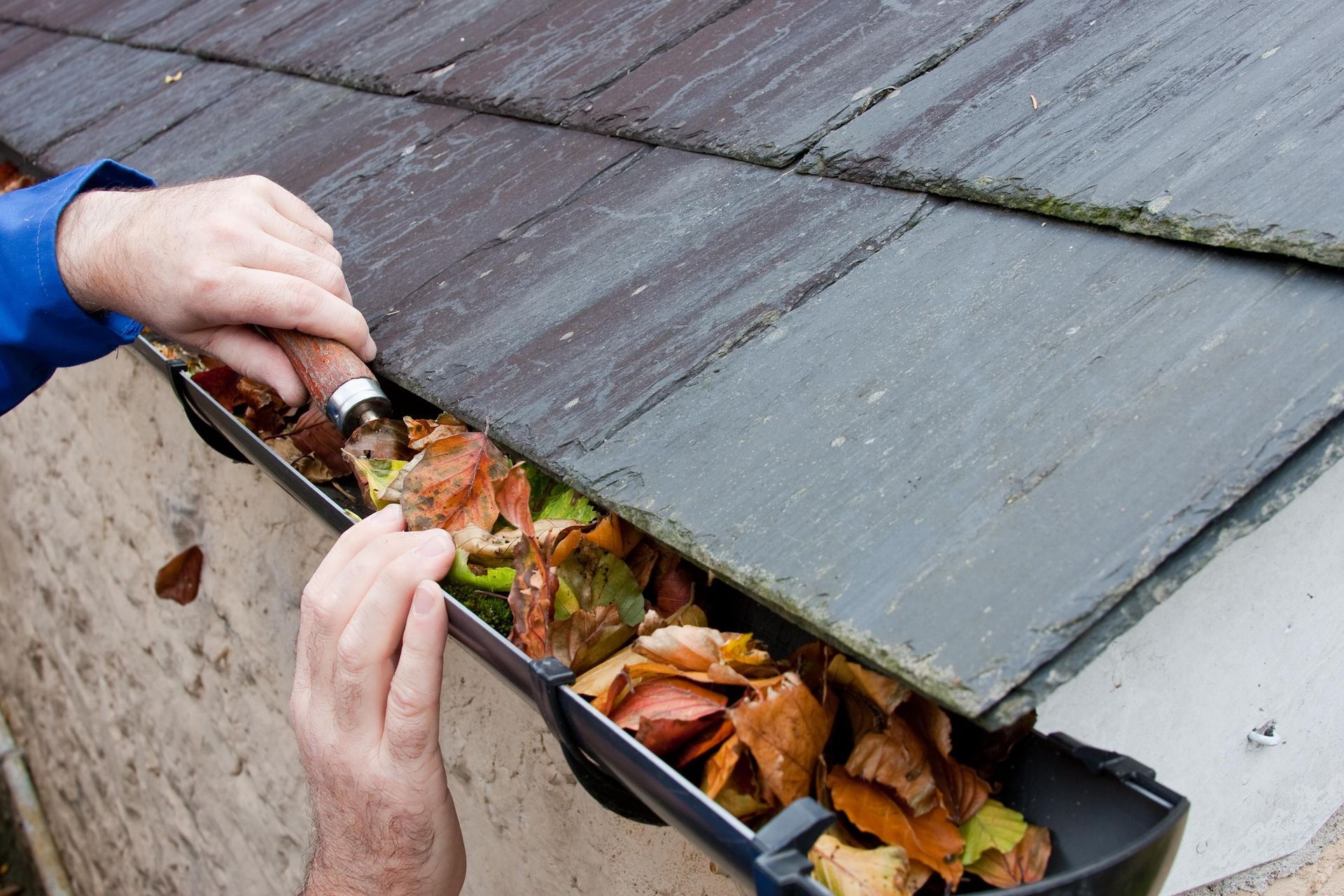 A person is cleaning a gutter with leaves on a roof.