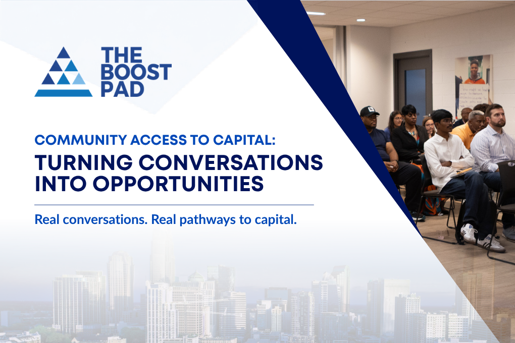 The Boost Pad ad: community capital access, turning conversations into opportunities, with a meeting photo and city skyline
