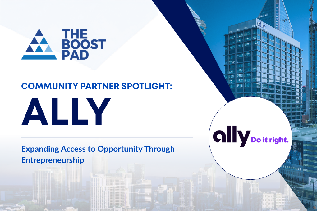The Boost Pad community partner spotlight for Ally, with blue city skyline and Ally logo