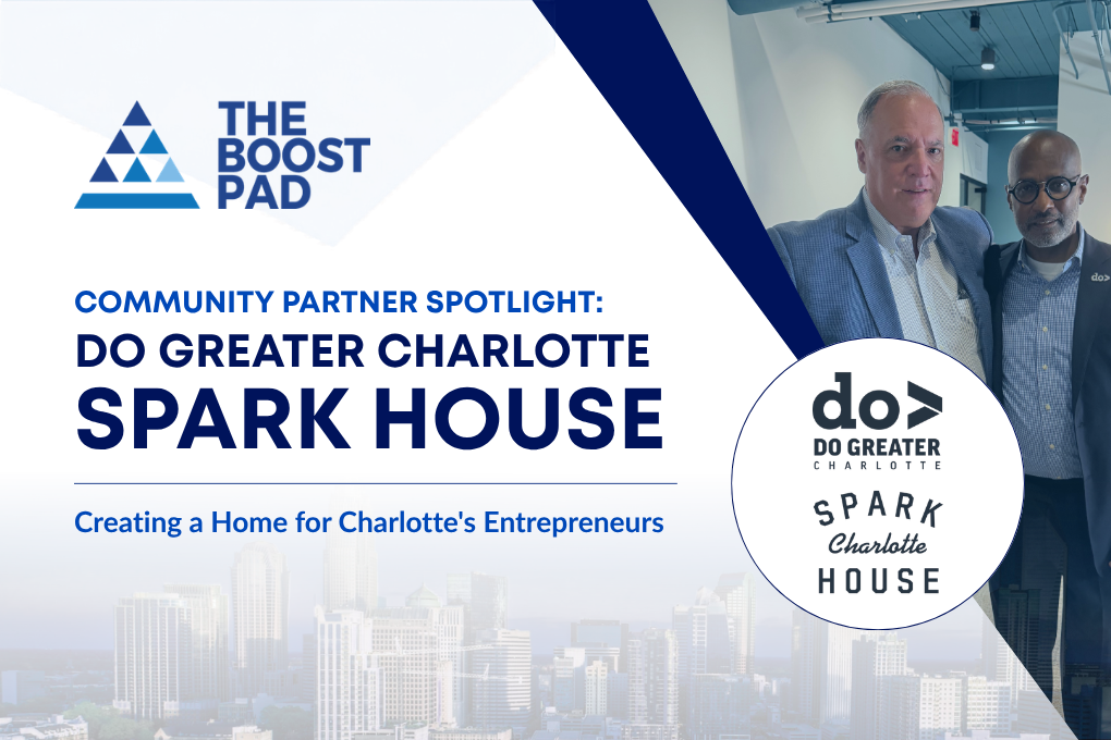 The Boost Pad community partner spotlight: Do Greater Charlotte Spark House promo with two people and logo.