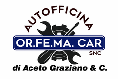 Logo per Autofficina Or.Fe.Ma.Car, con grafica di un'auto blu e testo bianco su sfondo nero.