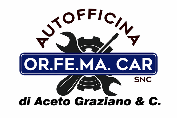 Logo per Autofficina Or.Fe.Ma.Car, con grafica di un'auto blu e testo bianco su sfondo nero.