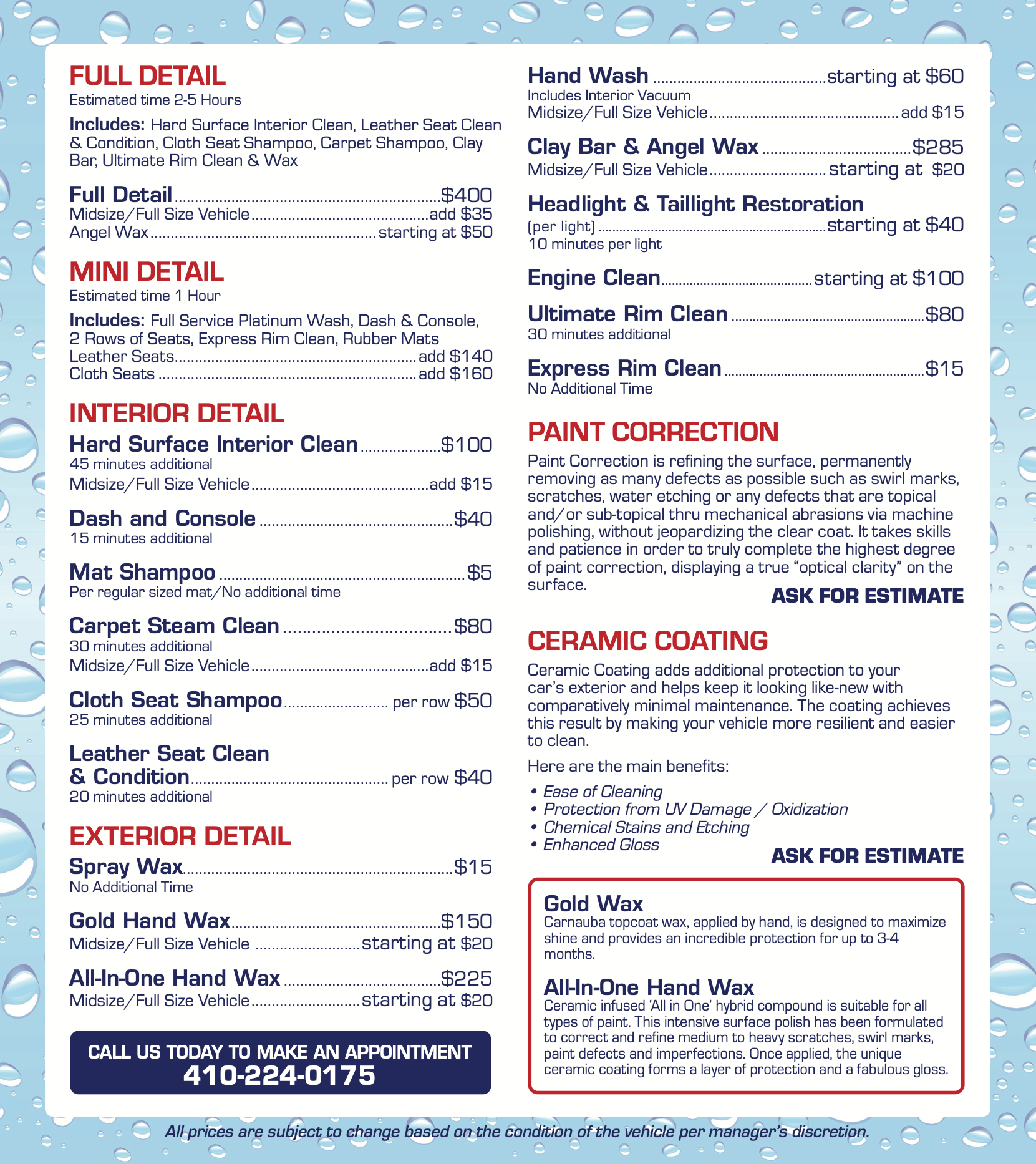 Price list for car detailing services, including interior, exterior, and ceramic coating options.
