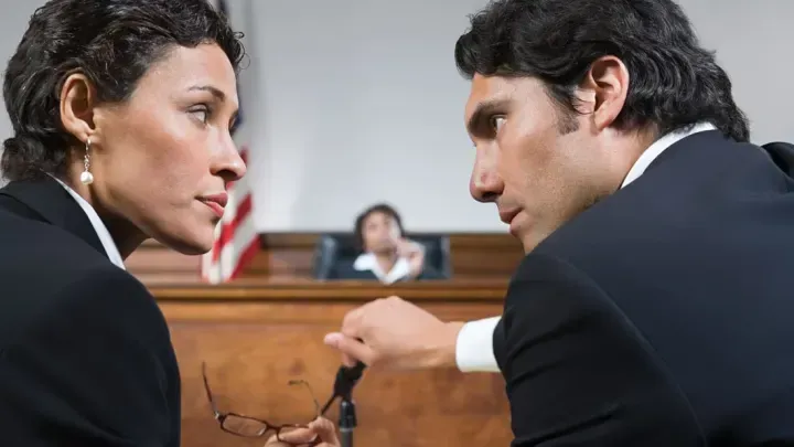 Two lawyers, a man and a woman, in a courtroom, looking at each other, with the judge in the background.