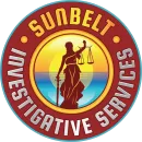 Sunbelt Investigative Services logo: Lady Justice silhouette with scales & sword, sunset background, red and blue circle.