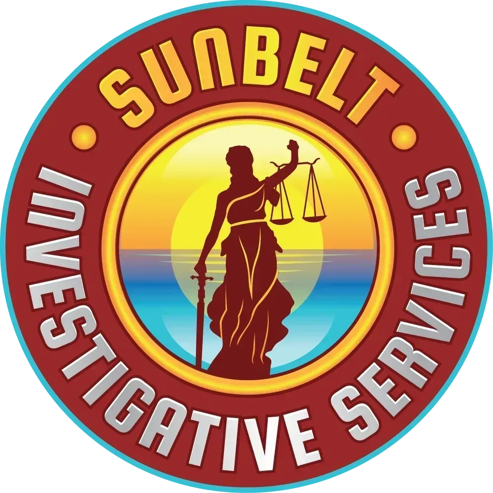 Sunbelt Investigative Services logo: Lady Justice silhouette with scales & sword, sunset background, red and blue circle.