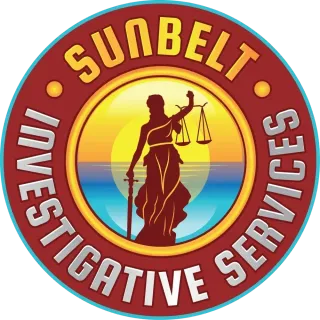 Sunbelt Investigative Services logo: Lady Justice silhouette with scales & sword, sunset background, red and blue circle.