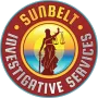 Sunbelt Investigative Services logo: Lady Justice silhouette with scales & sword, sunset background, red and blue circle.