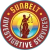 Sunbelt Investigative Services logo: Lady Justice silhouette with scales & sword, sunset background, red and blue circle.