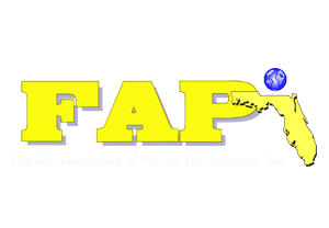 Yellow "FAP" logo with Florida outline, blue globe, and text "Florida Association of Private Investigators, Inc."