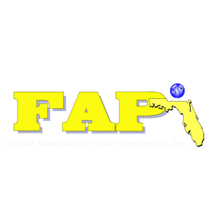 Yellow "FAP" logo with Florida outline, blue globe, and text "Florida Association of Private Investigators, Inc."